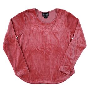 Vintage Fritzi Velour Top M Coral Long Sleeve Floral Embossed 90s